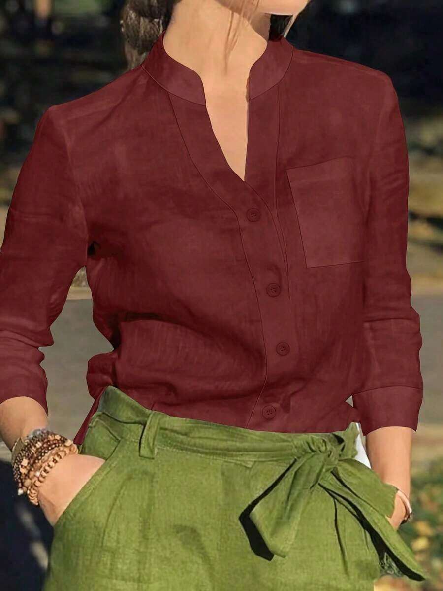 Camisa de mujer de unicolor con cuello en V y botones - Blusa casual y elegante de manga larga con detalle de bolsillo, adecuada para vacaciones, viajes y uso diario, artículo esencial para primavera, verano, otoño e invierno - Café integral - Ver 1