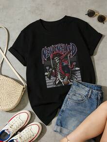 Ropa de Mujer, Camiseta de Verano de Algodón Suave y Casual con Cuello Redondo, Estampado Retro de Calaveras y Piratas Estilo Nueva Inglaterra. Blanco. - Negro - Ver 2