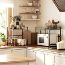Extendable Microwave Shelf, Microwave Stand With 3 Hooks, Kitchen Rack, Metal Microwave Stand, Black - 黑色 - 查看 7