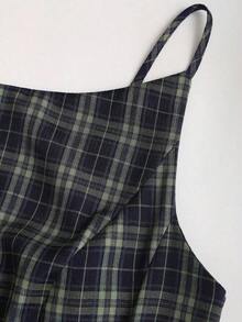 Elegante vestido mini ajustado sin mangas con estampado de cuadros - Verde Oscuro - Ver 3