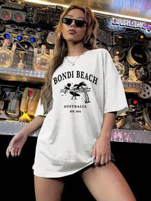 Women's Casual Short Sleeve T-Shirt - "Bondi Beach" Graphic Print, Loose Fit, Crew Neck, Medium Stretch, All-Season Comfort, Black With White Lettering, Perfect For The Beach Or Casual Wear, Y2k Beach T-Shirt - 白色 - 查看 2
