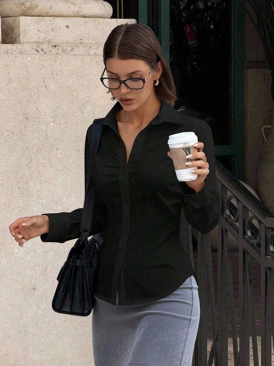 Blusa de manga larga con pliegues y botones, camisa blanca con cuello, camisa blanca para mujer, camisa blanca ajustada, blusa blanca elegante de oficina, para maestras, de vuelta a la escuela, camisas de maestras, otoño para mujeres, para toda - Negro - Ver 1