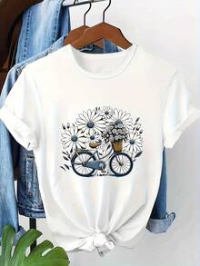Plus Size - Women's Plus Size Floral And Bicycle Print T-Shirt - Casual Crew Neck, Short Sleeve, Stretch Polyester Blend, Fashionable Spring/Summer/Autumn Top | Floral Print Top | Comfortable Fit Floral Print Blouse - 白色 - 查看 1