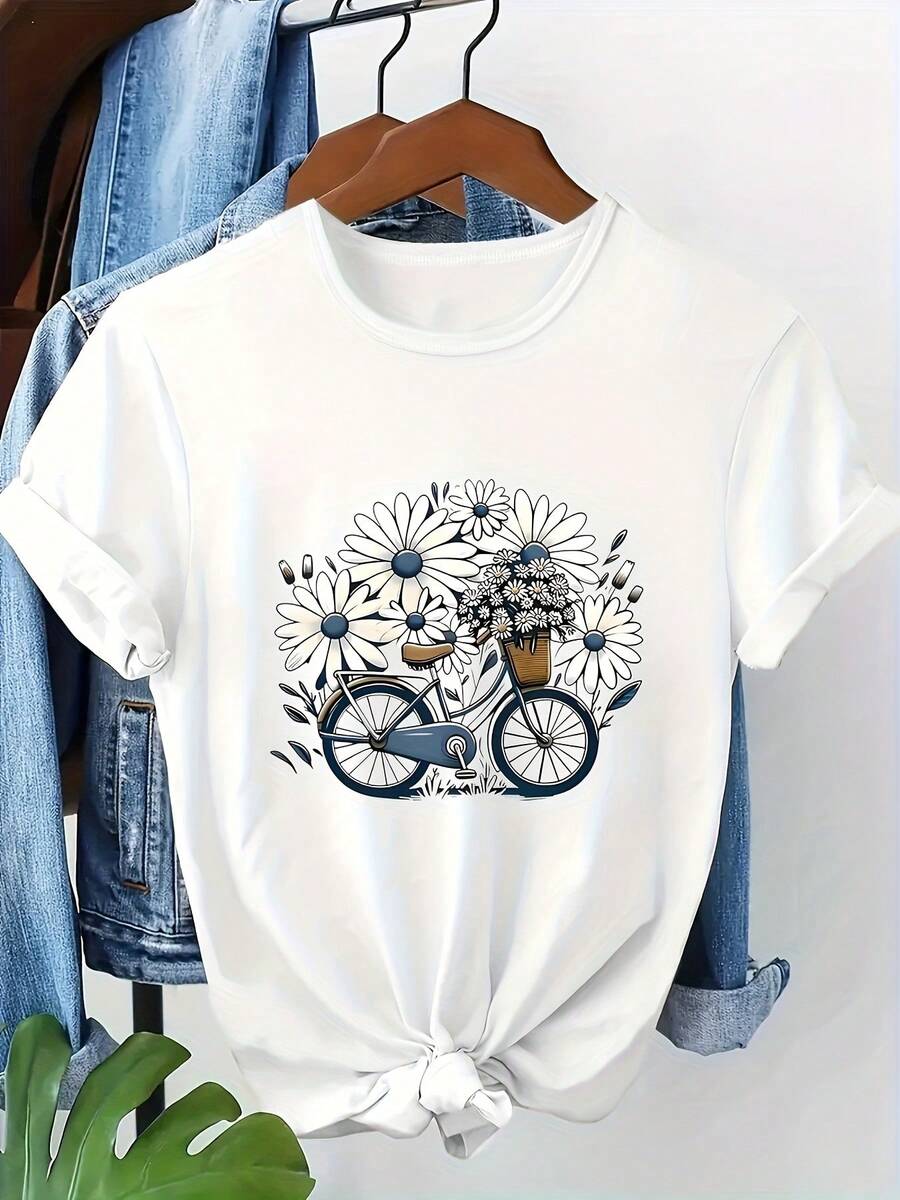 Plus Size - Women's Plus Size Floral And Bicycle Print T-Shirt - Casual Crew Neck, Short Sleeve, Stretch Polyester Blend, Fashionable Spring/Summer/Autumn Top | Floral Print Top | Comfortable Fit Floral Print Blouse - 白色 - 查看 1