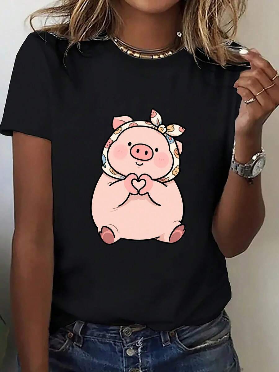 Camiseta de impresión de cerdo rosa linda de las mujeres - tela transpirable suave, diseño de corazón y arco juguetón, camiseta de cuello redondo deportiva casual para ropa casual, lavable en máquina, regalo perfecto para ella, ropa de ocio, tela elástica media, cómoda, divertido gráfico, material elástico, impreso superior, amantes de la moda