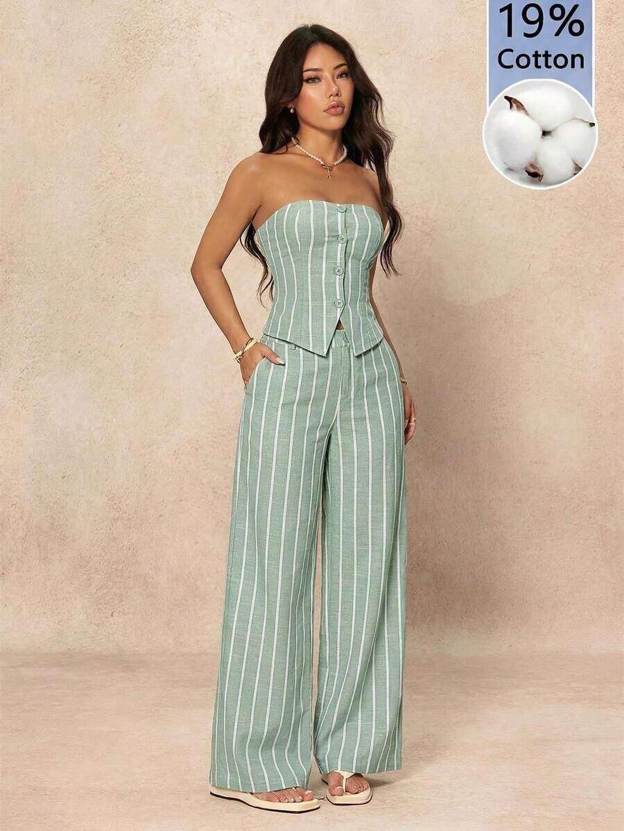 PETITE Conjunto de 2 piezas de top de tirantes de mujer a rayas y pantalones de moda - verde menta - Ver 1