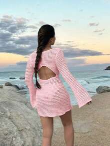 Vestido corto de playa de manga larga, transparente y con espalda descubierta, de unicolor y sexy para mujer, ideal para vacaciones de primavera/verano - Rosa Pálido 2 - Ver 6