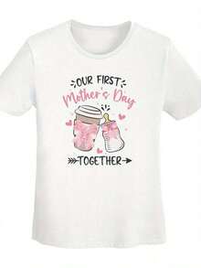 1 Piece Of Matching Women's T-Shirt "Our First Mother's Day Together", Round Neck, Short Sleeve, Perfect For Spring, Summer And Autumn, A Cute Gift For Mom With Toddler Footprint Design, Mother's Day Gifts For Mom, 180g 100% Soft Cotton. - 白色 - 查看 5