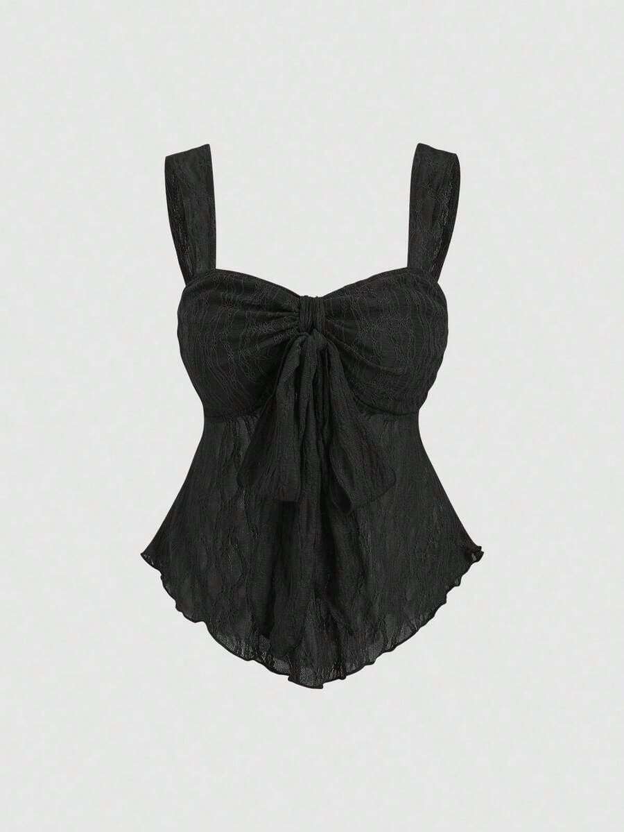 Top corto tipo tubo con lazo y estampado texturizado - Negro - Ver 1