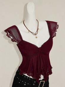 Top sin mangas con volantes, escote con pliegues, ajuste ceñido, parches de malla sexy, espalda con lazo, top casual de vacaciones - Rojo violeta - Ver 8
