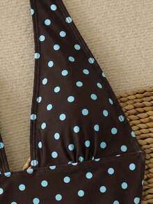Traje de baño de dos piezas con estampado de lunares, escote asimétrico y espalda descubierta, atuendo de vacaciones en la playa para el verano - Marrón - Ver 3