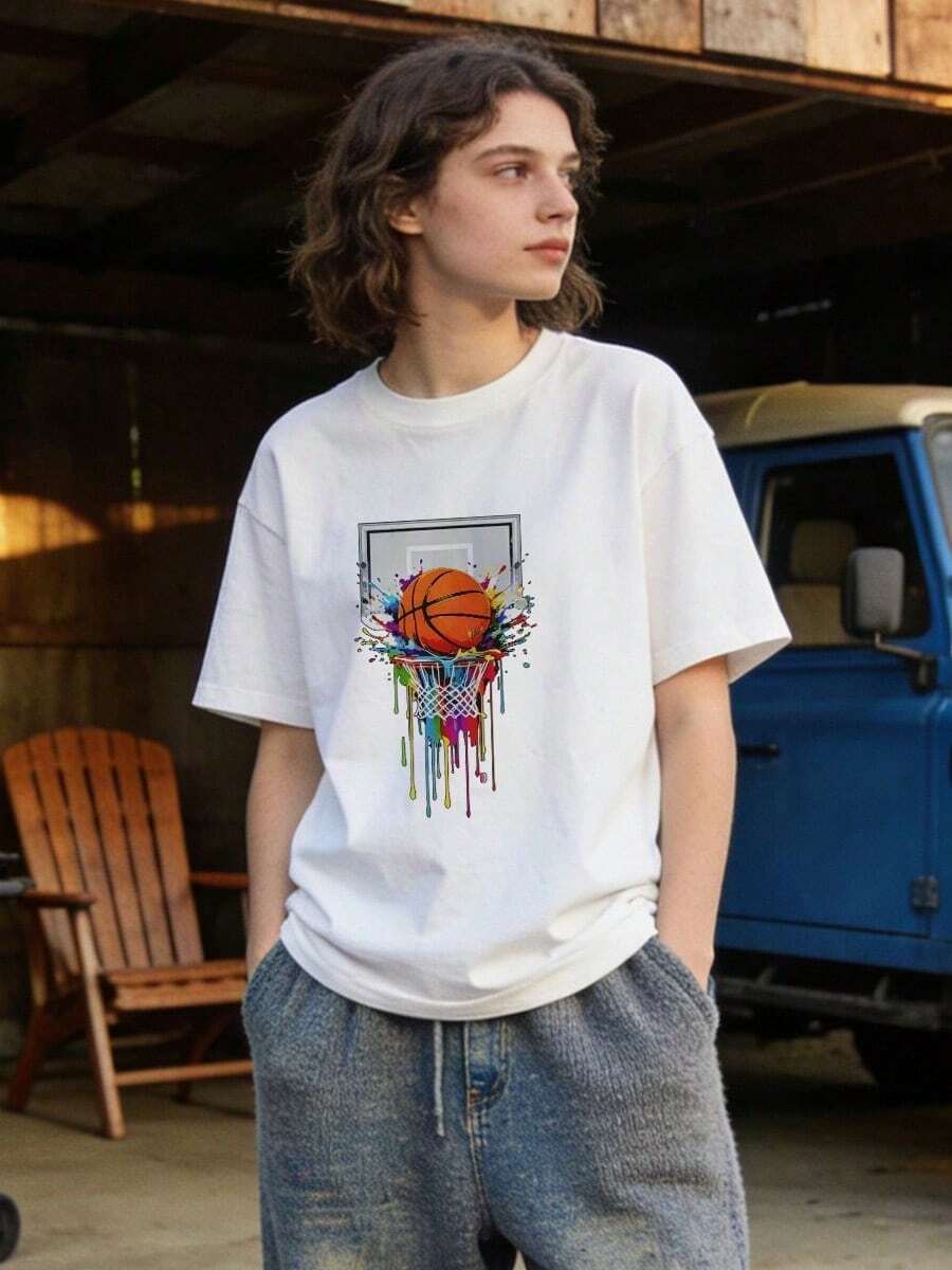 Women's Summer Clothing, Casual Soft Cotton T-Shirt With Round Neck, Colorful Ink Splatter Basketball Art Print. White. - 白色 - 查看 1