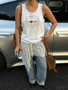 Beautiful Disaster Cow Skull Roses Tank Top Women's Summer Graphic Tee Loose Fit Beach Vacation Outfit - 白色 - 查看 3