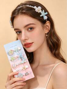 5pcs/Pack Mermaid Shell Hair Clips, Cute Korean Style Hairpins, Sweet Hairclips For Girls - Blue - View 5