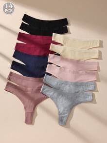 14 Pieces Of Women's Underwear Low Waisted Cotton Thong - Soft And Breathable V-Shaped Pants, Solid Color Simple Women's Underwear, Tangas Para Mujer, 14 Solid Color XS-XL Sizes To Choose From, Ropa Interior Mujer,Ribbed Elastic Comfortable Non Transparent Casual Wear, Daily Essential, Fashionable Style, Soft And Breathable, Modern Women's - 彩色 - 查看 5