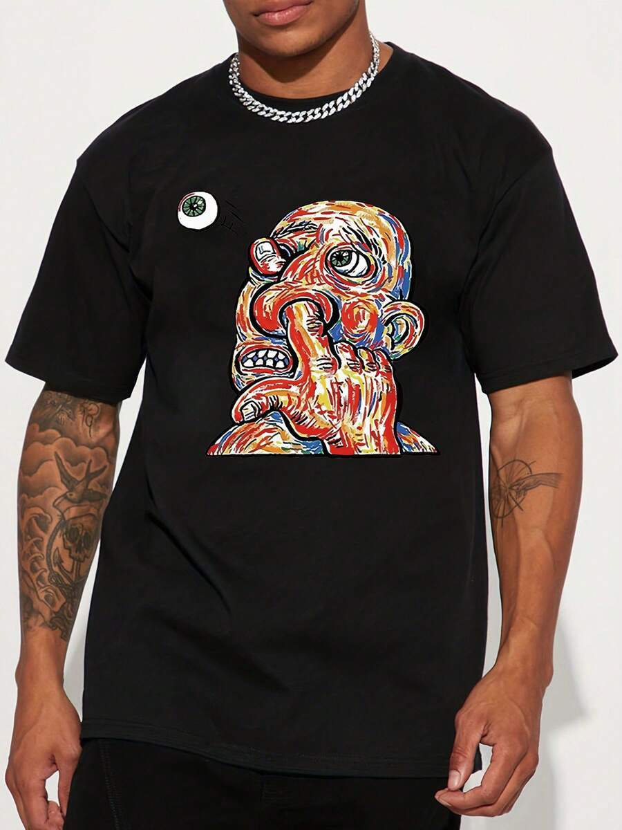 Camiseta estampado gráfico cara divertida abstracta ropa casual verano unisex moda urbana cuello redondo corte regular ligeramente elástica diseño estampado detalle de aplique - Negro - Ver 1