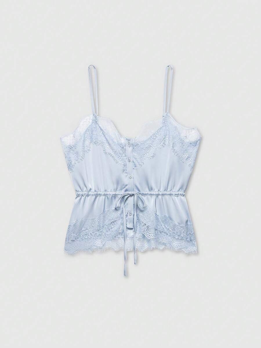 Lace Patchwork Silk-Feel Casual Camisole - Baby Blue - View 1