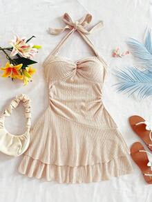 AVestido mini sexy con espalda descubierta, corbata en el cuello, dobladillo fruncido y doble capa, adecuado para fiestas, citas, San Valentín - Albaricoque - Ver 9