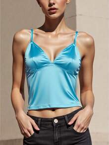 Women's Summer Satin Cami Tops Sleeveless Open Back V Neck Solid Color Tank Tops - Azul - Ver 1