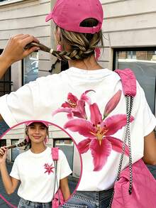Double-Printed T-Shirt Inspired By Bright Pink Lilies, Watercolor Floral Design For An Elegant, Relaxed Feel, Bright White Base, Versatile And Timeless, Loose Fit, Comfortable And Breathable, Suitable For Daily Use And Travel, Summer Top. - White - View 2