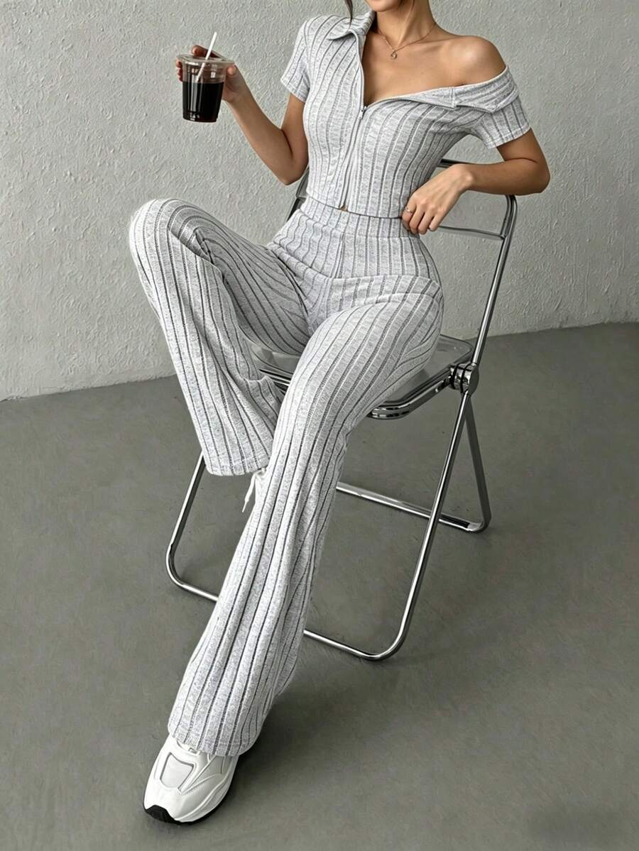 KKONE Two-Piece Set: Plain Color Crop Top And Bell Leg Pants - Light Grey - View 1