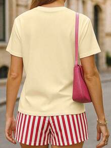 2 piezas Conjunto casual de mujer con camiseta con estampado de leopardo y lazo decorativo + shorts a rayas - Rojo - Ver 2