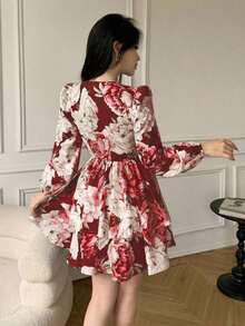 YHHCelisse Vestido corto elegante de mujer con estampado floral y mangas farolYHH - Burdeos - Ver 2