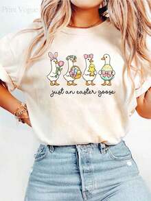 Women's And Unisex T-Shirt With Easter Egg, Goose, And Chick Print - Casual Short-Sleeve Crew Neck Blouse For Spring, Summer, And Autumn - Suitable For Casual Wear, Machine Washable, Gift, Breathable And Comfortable Top - Spring Tops - Summer Tops - Women's Vacation Clothes - Women's Easter Tops - 100% Cotton Summer Clothes - Unisex Urban Vintage Style, Loose Cotton Short-Sleeve Crew Neck T-Shirt - Blouses For Women. Casual Blouses For Ladies. - 杏色 - 查看 6