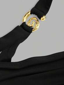 Nuevo estilo de vestido mini para mujer con falda acampanada, decoración de metal en espiral en el cuello halter y la cintura - Negro - Ver 3