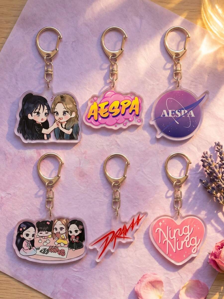 1pc/6pcs K-Pop Group Aespa Member & Logo Graphic Keyring Packs, K-Pop Style Asymmetric And Heart-Shaped Acrylic Keychains, With Drama Still Album Art And Ningning Name Detail Charms, Suitable For K-Pop Fans, Back To School, Concert, Gift, Birthday, Valentine's Day, Christmas, New Year, Anniversary, Graduation, Souvenir And Daily Use - Multicolor - View 1