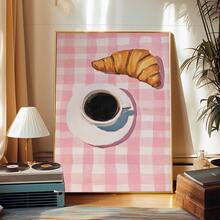 1pc Canvas Print Wall Art With Frame. Pink Plaid Coffee And Croissant Painting, Vintage French Breakfast Poster, Aesthetic Kitchen And Cafe Decor. A Charming Soft-Toned Food Themed Painting, Ideal For Restaurants And Cafes - Multicolor - View 9