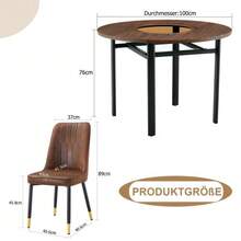 Modern Minimalist Round Dining Table Set (With 4 Brown Tech Fabric Chairs With Black Metal Legs), Round Table With 100 Cm Diameter In Wood Look, Suitable For Dining Room And Kitchen. - Brown+Black - View 3