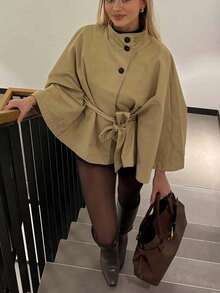 Women's Elegant Solid Color Stand Collar Belted Short Cape Jacket, Solid Color Belt, Front Button Closure, Suitable For Daily Wear - Khaki - View 1