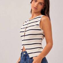 Boatneck Button Front Split Hem Fitted Sleeveless Striped Cardigan Knit Top Spring, Resort Wear, Summer, Festival, Country Music Concert Outfit, Western Wear For Women, Casual, Cute, Boho, Vacation, Beach - azul real - Ver 5