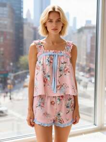 Womens Ruffle Pajamas Set 2 Piece Summer PJs For Women Floral Pajama Ruffle Trim Cami Top And Shorts Lounge - Pink - View 6