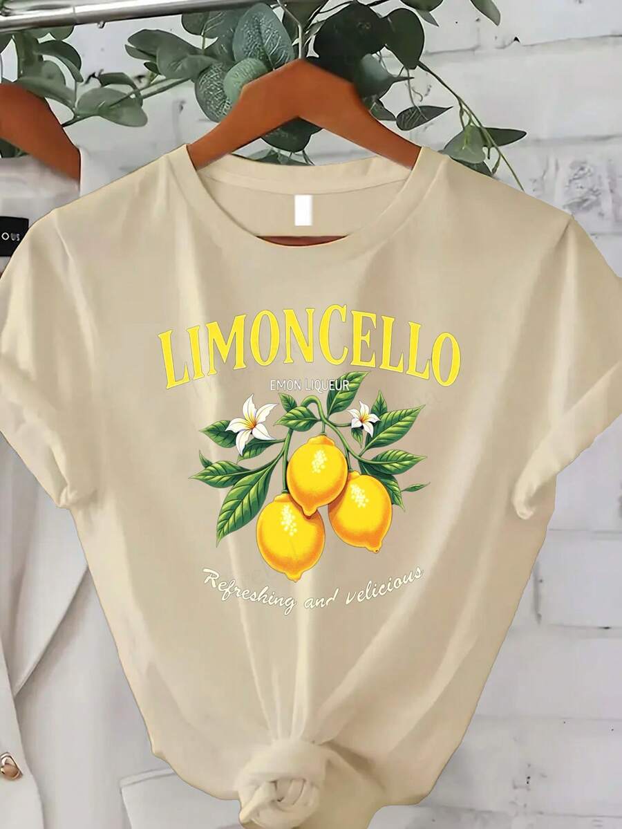 Lemon Liqueur Print T-Shirt - 100% Casual Summer T-Shirt With Lemon Print, Lemon Liqueur And Lemon Slice Design, Comfortable, Loose Fit, Round Neck And Short Sleeve, Black, Suitable For Italian Liqueur Lovers, Spring/Autumn Casual Wear, Autumn Clothing, Spring Fashion, Citrus Print, Lightweight T-Shirt, Breathable Fabric, Printed T-Shirt For Women. - 杏色 - 查看 1