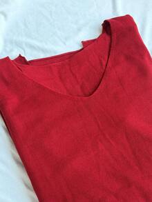 1pc V-Neck Knit Top, Front Short Back Long Hem With Slit, Suitable For Spring, Autumn, Winter Fall - Red 2 - View 7