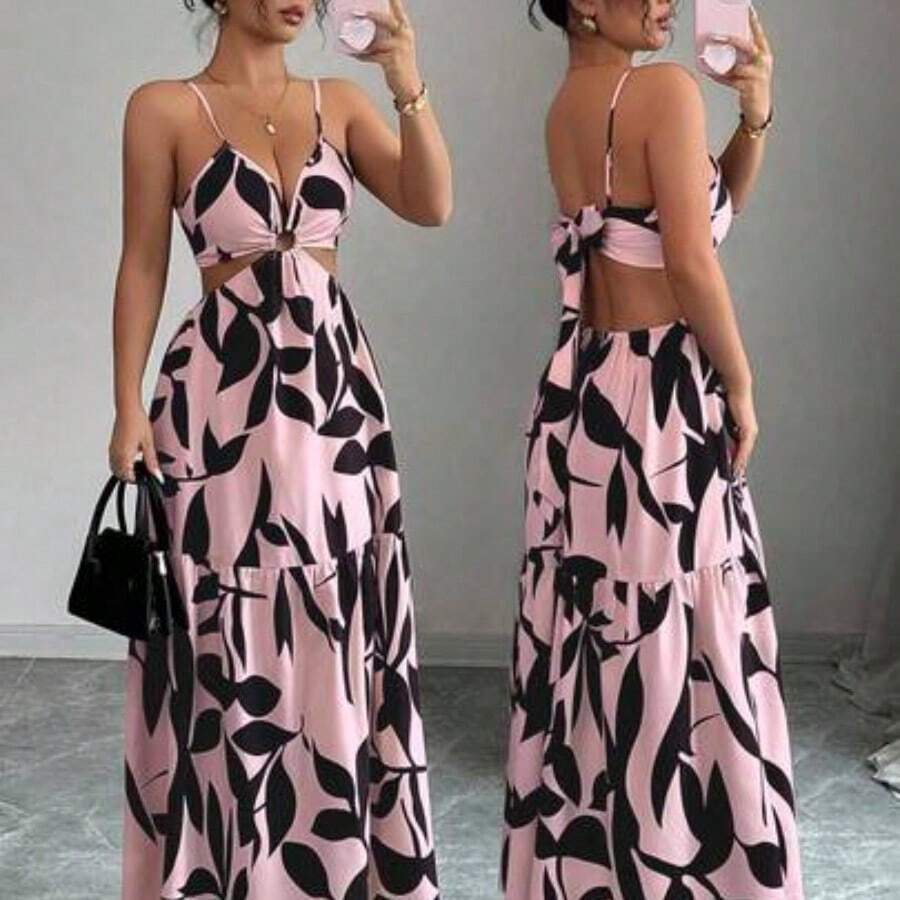 Elenzya Women's Summer New Arrivals Spaghetti Strap Cinched Waist Floral Print Dress (Random Floral Print Cut) - Rosa - Ver 1