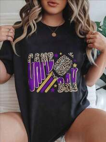 Camiseta Casual con Estampado de Moda para Mujer, Diseño de Estrellas Moradas de Fútbol Leopard, Adecuada para Todas las Temporadas  
 -Blanco - Negro - Ver 7