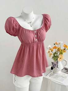 Blusa de manga corta con estampado de lunares y cuello cuadrado cómoda para mujer - Rosa vieja - Ver 4