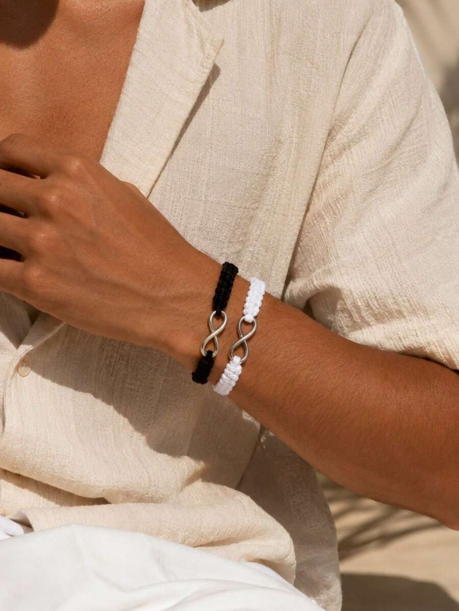 2pcs Vintage Minimalist Casual Infinity Symbol Braided Adjustable Bracelets Set For Men, Daily, Party, Holiday Matching, Valentine's Day Gift, All Season Accessory - Black and White - View 1