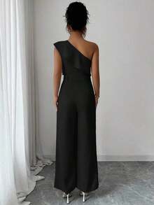 Mono de mujer con diseño casual apropiado para vacaciones de primavera/verano, adecuado para la oficina, el transporte, la playa y la hora del té de la tarde, con tirantes de espagueti, cintura con doble volante y silueta recta y suelta - Negro - Ver 2