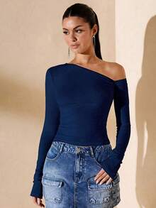 Women's Minimalist Long-Sleeved Fitted T-Shirt With Asymmetrical Shoulder, For Everyday Wear, Autumn/Winter/Summer - 藏蓝色 - 查看 1