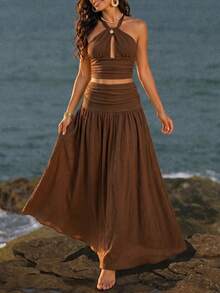 Bộ đồ 2 mảnh dành cho nữ, áo croptop phối cùng chân váy maxi xếp ly làm từ chất liệu vải dệt họa tiết, trang phục thanh lịch cho kỳ nghỉ hè, tiệc tùng trên bãi biển. - màu nâu - Xem 7