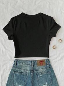 Camiseta corta de mujer de ajuste ceñido con estampado de lentejuelas y perlas de imitación, una prenda imprescindible para el verano, una camiseta de moda y con estilo, adecuada como regalo para hermanas, madres, Día de la Madre, una prenda casual - Negro 2 - Ver 2