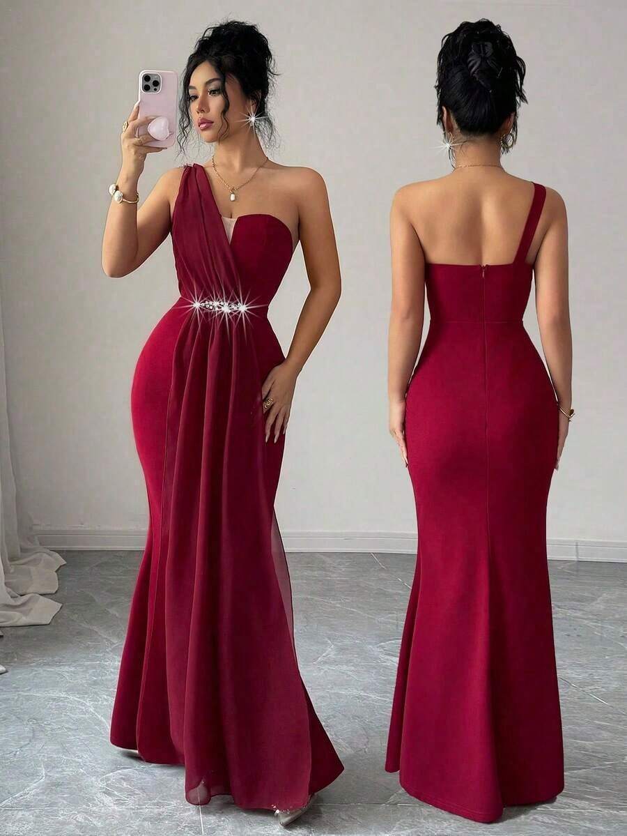 Elenzya Vestido elegante y romántico para mujer con escote asimétrico, cintura ceñida, bajo de cola de pez, decoración de perlas, adecuado para fiestas y reuniones - Burdeos - Ver 1