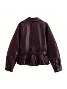 Chaqueta ligera con cuello de solapa y cinturón de piel sintética para mujer SHIBASHAN, abrigo de manga larga de piel sintética de moda color negro - Burdeos - Ver 4