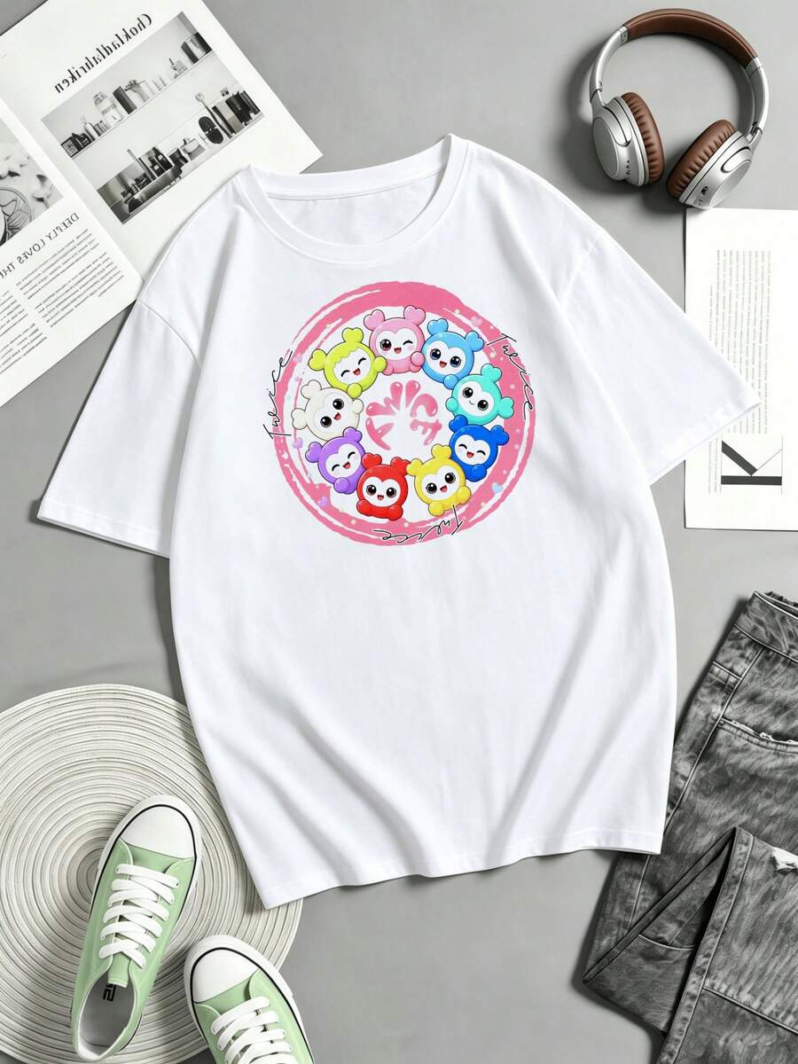 TWICE LOVELYS Rund Badge-stil Fläkt Bomull Sommar Kortärmad T-shirt - Vitt - Visa 1