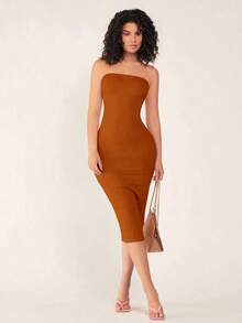 Vestido casual de cena ajustado sin tirantes y de silueta ceñida para mujer - Marrón - Ver 7