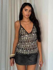 Camiseta de tirantes con lentejuelas en degradado naranja brillante - Negro 2 - Ver 3
